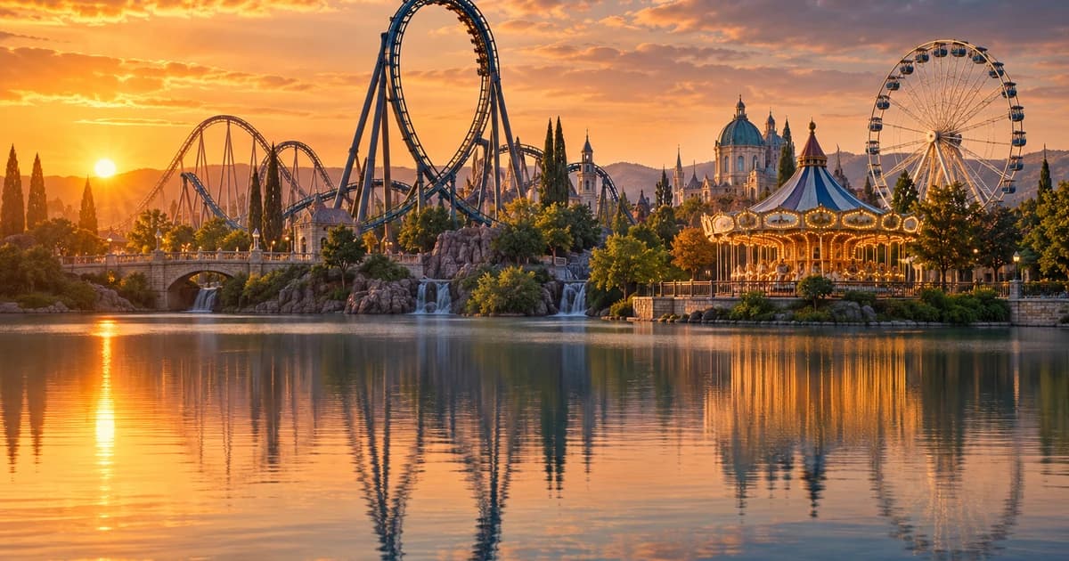 Illustration of a theme park with a roller coaster at sunset